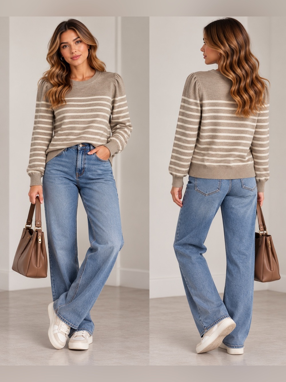 ICHI Striped Pullover in oatmeal & White NWT